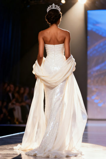 Sparkly White Sequin Mermaid Strapless Long Pageant Dress with Shawl